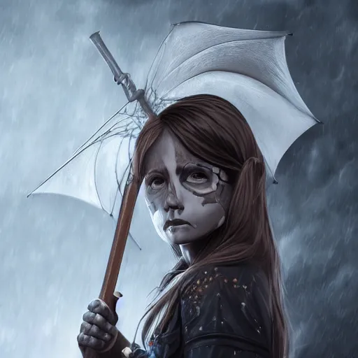 Image similar to portrait of a girl with a skeletal umbrella, digital art, highly detailed, award winning, concept art, intricate, sharp focus, Trending on Artstation HQ, unreal engine 5, 4K UHD image