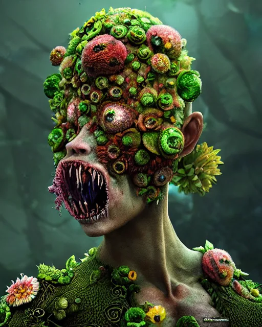 Image similar to a extremely disturbing horror photograph of a fantasy creature made out of nature and flowers and fungus, intricate, hyperrealism, sharp focus, cinematography, highly detailed, octane render, horror cgi 4 k, matte, photograph by professional photographer