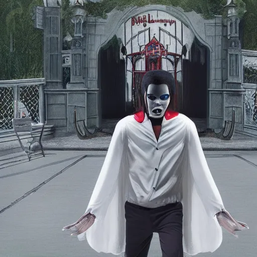 Image similar to the ghost of michael jackson haunting an amusement park, horror scene, hyper realistic