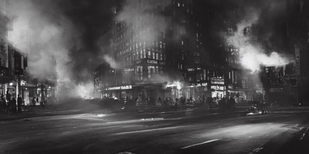 Image similar to a high resolution photo of a new york street at night on fire surrounded with smoke and cars with bright headlights by robert capa, realistic photo, leica, cinematic lighting, magnum award winning photograph, parallax photography,