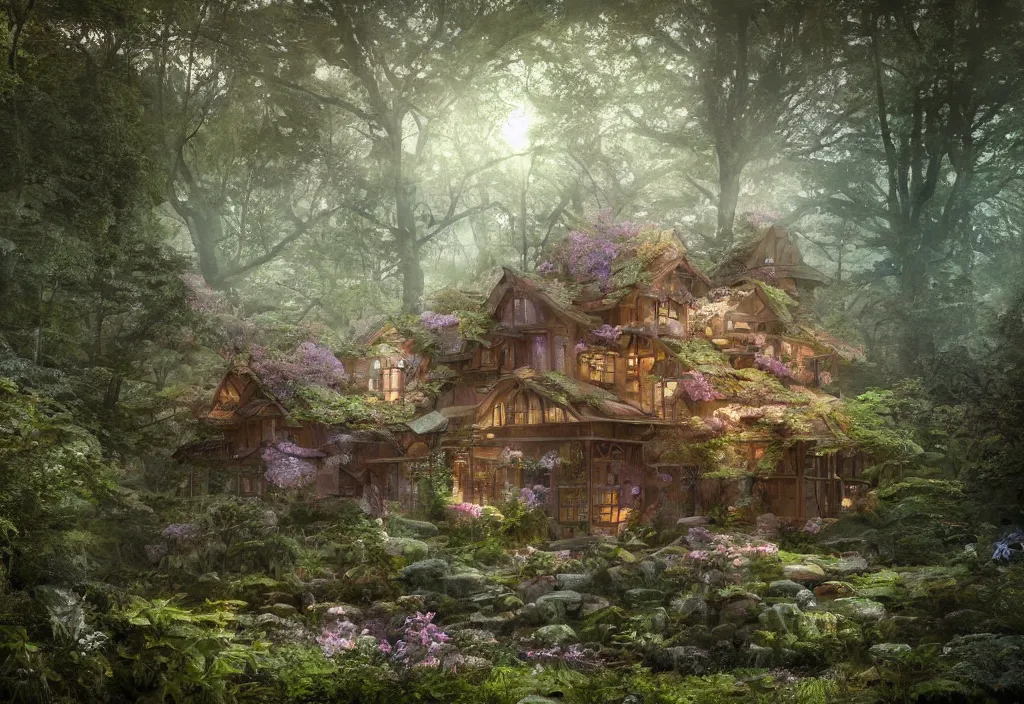 Image similar to a house sitting in a forest, wallpaper, ornate, beautiful, atmosphere, vibe, flowers, concept art illustration, color page, 4 k, tone mapping, doll, akihiko yoshida, james jean, andrei riabovitchev, marc simonetti, yoshitaka amano, digital illustration, greg rutowski, volumetric lighting, sunbeams, particles