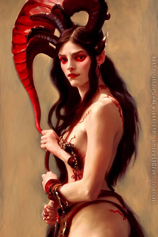 Image similar to painted close - up portrait of a attractive red - skinned intimidating demon girl with ram horns! oil painting, wearing a noblewoman's outfit, fantasy art by john singer sargent and gaston bussiere, and guillermo del toro, demon noble character design, hd