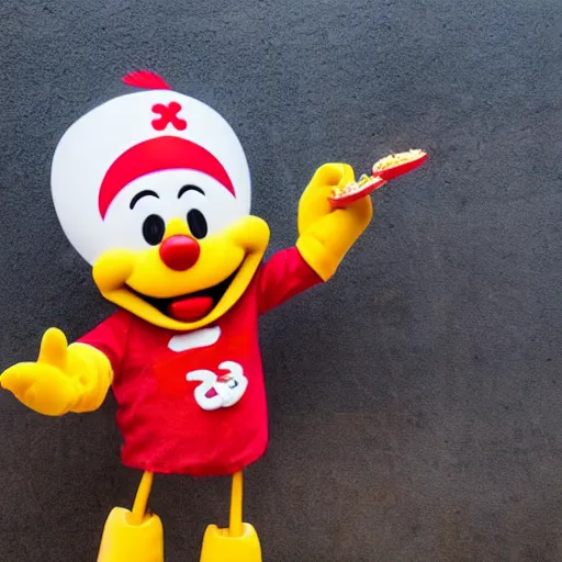 Image similar to Jollibee mascot eating a plate of spaghetti