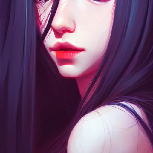 Image similar to a beautiful girl with long black hair and red eyes, sharp focus, intricate, digital painting, artstation, highly detailed, ambient lighting, portrait by Studio Ghibli, Rossdraws, artgerm, Ilya Kuvshinov, and Greg Rutkowski