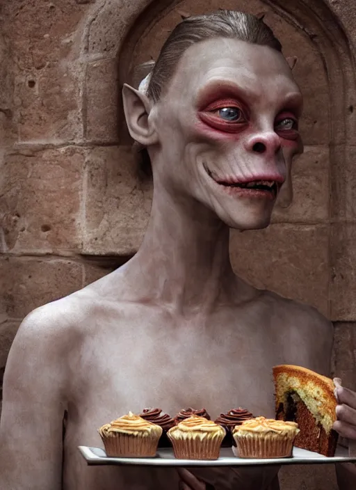 Image similar to closeup profile face portrait of a medieval goblin eating cakes in the cloisters, depth of field, zeiss lens, detailed, symmetrical, centered, fashion photoshoot, by annie leibovitz and steve mccurry, david lazar, jimmy nelsson, breathtaking, 8 k resolution, extremely detailed, beautiful, establishing shot, artistic, hyperrealistic, beautiful face, octane render