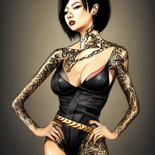 Image similar to yakuza slim girl, gold suit jacket in snake print, jacket over bare torso, yakuza tattoo on body, black short curtain haircut, black leather pants with black belt, elegant, 2d, ultra highly detailed, digital painting, smooth, sharp focus, artstation, art by artgerm, rossdraws