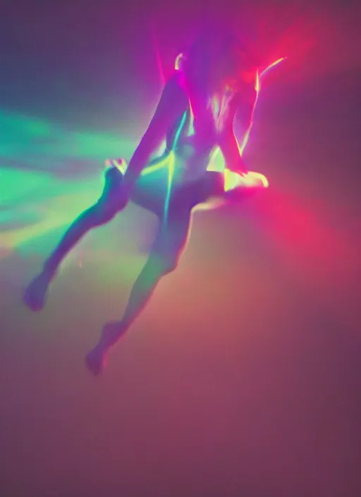 Image similar to female ascending into the sky, glowing aura, motion blur, out of focus, film grain, cinematic lighting, experimental film, echoes, shot on 1 6 mm