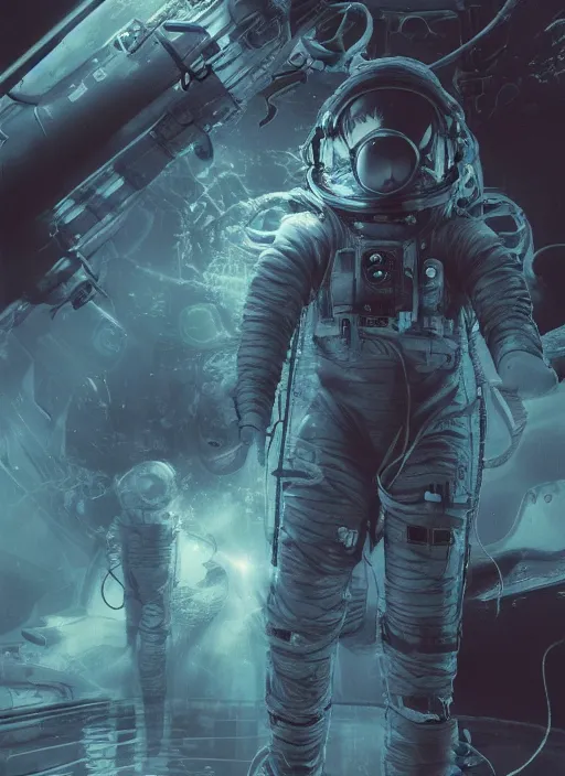 Prompt: astronaut in dark void underwater - complex and hyperdetailed technical suit design. reflection and dispersion materials. rays and dispersion of light. volumetric light. f / 3 2. noise film photo. flash photography. ultra realistic, 5 0 mm. poster by wayne barlowe, hajime sorayama aaron horkey, craig mullins