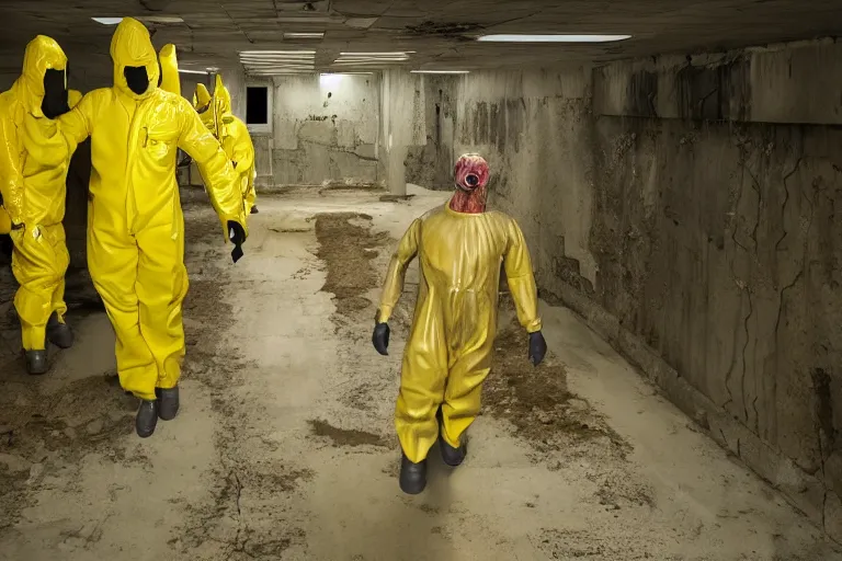 Image similar to a giant sci-fi horror meat monster in a creepy bunker science lab, a single man in a yellow hazmat suit looks on helplessly