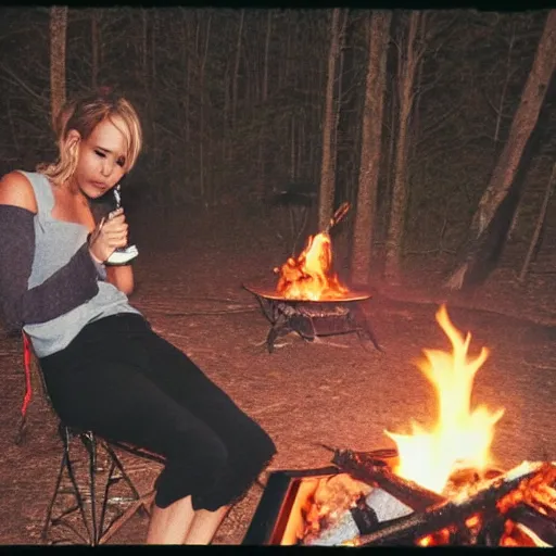 Image similar to polaroid shot of jennifer lawrence smoking a joint at a campfire