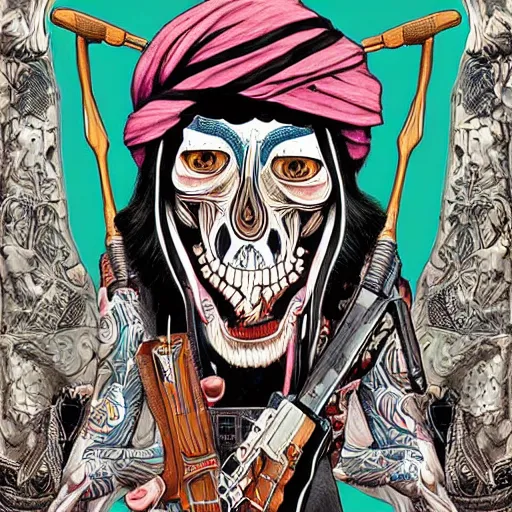 Image similar to taliban anarchy. symmetrical anatomy, very detailed design, complexity of the picture, with pop punk style, colorful, accompanied by body, pure image without duplication, dribble popular, drawn by vinicius gud and gustavo zambelli