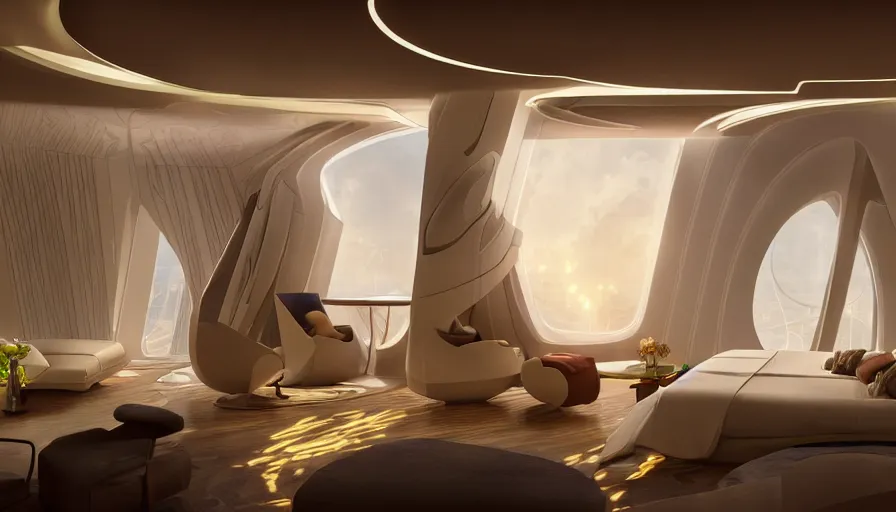 Image similar to a futuristic hotel room by artgerm and greg rutkowski and alphonse mucha, zaha hadid, volumetric light, detailed, octane render, midsommar