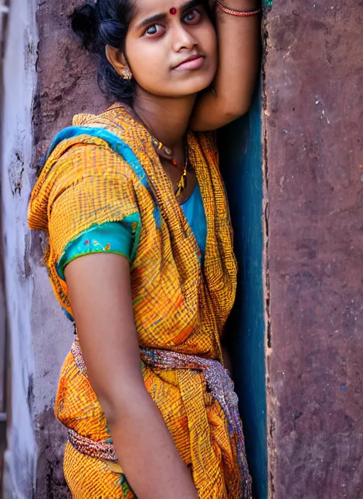 Prompt: color Mid-shot portrait of a beautiful 20-year-old woman from India in her traditional get-up, candid street portrait in the style of Mario Testino award winning, Sony a7R
