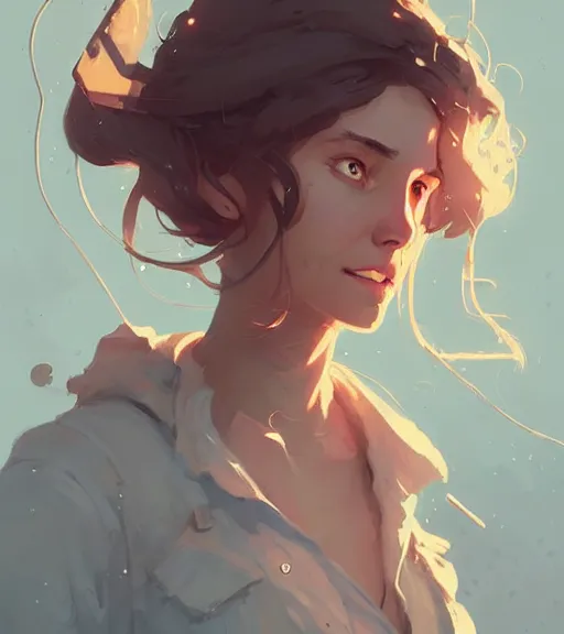 Image similar to portrait of a female alchemist, disheveled hair, by atey ghailan, by greg rutkowski, by greg tocchini, by james gilleard, by joe fenton, by kaethe butcher, dynamic lighting, gradient light blue, brown, blonde cream and white color scheme, grunge aesthetic