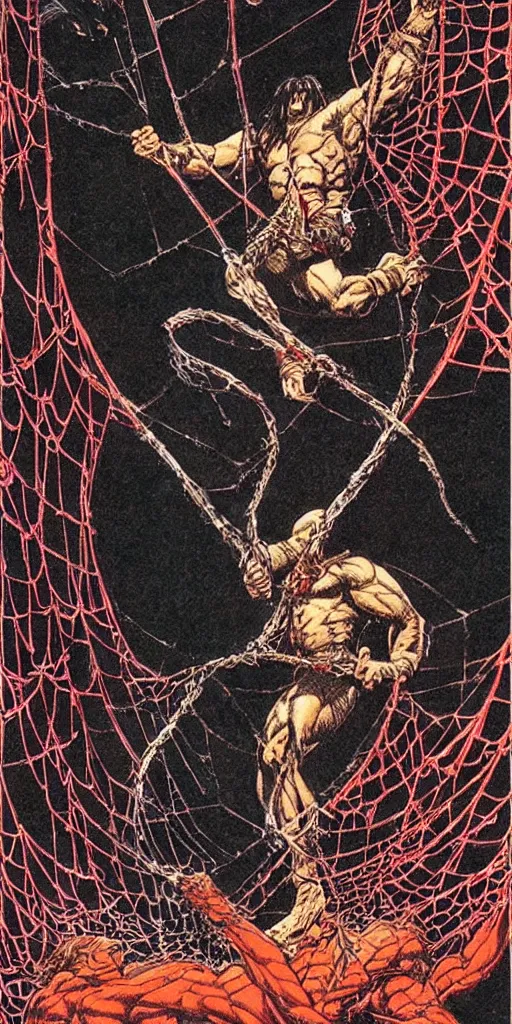 Image similar to “ conan the barbarian leaping to attack a giant black spider, red eyes ” “ a beautiful woman is tied up in spider webs ” val semeiks, barry windsor smith, john buscema, ernie chan, earl norem.