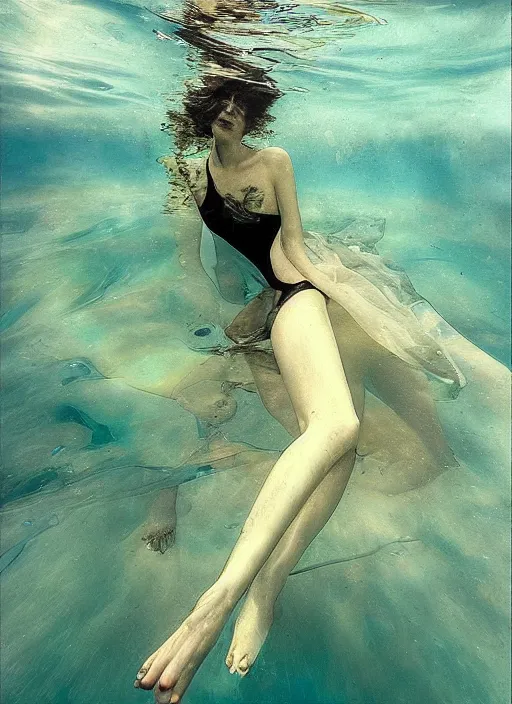 Image similar to girl in a long dress swimming underwater, caustics, surreal underwater photography, oil painting by Boldini