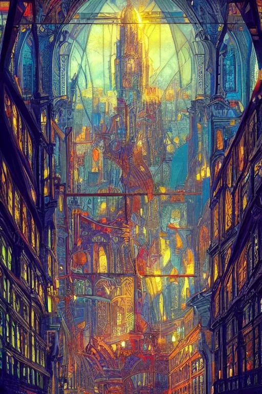 Prompt: cityscape made out of stained glass, photo, art nouveau, bright colors, intricate, highly detailed, elegant, sun shining through, sharp focus, art by rembrandt, tom bagshaw, and quentin mabille, artstation