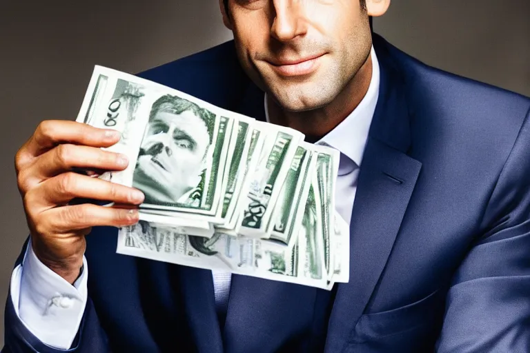 Image similar to close up portrait of emmanuel macron holding bags of money, photograph, natural light, sharp, detailed face, magazine, press, photo, steve mccurry, david lazar, canon, nikon, focus