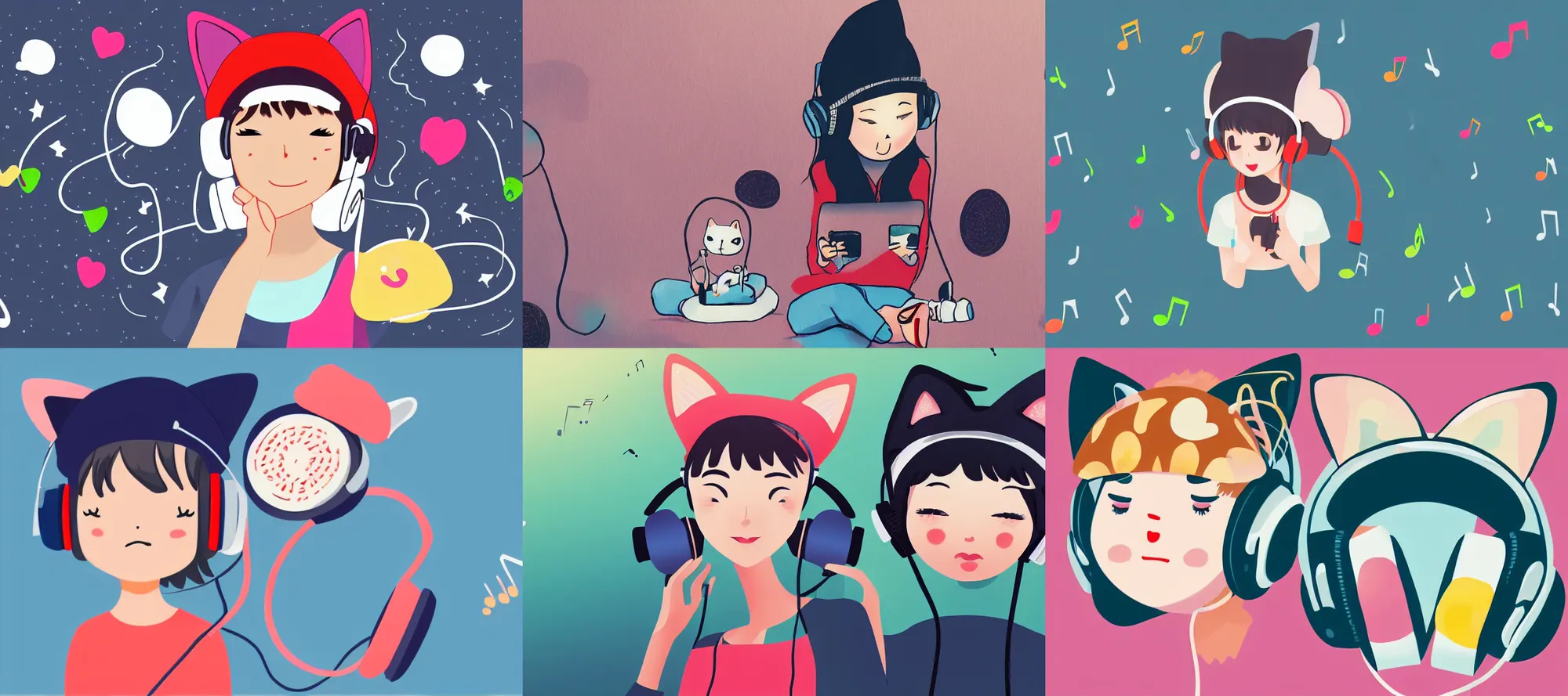 Prompt: Kawaii illustration girl in a cat hat listening to music on headphones