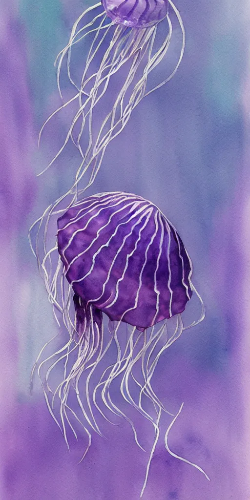 Image similar to a realist watercolor painting of a beautiful purple - striped jellyfish underwater, in the style of joseph zbukvic