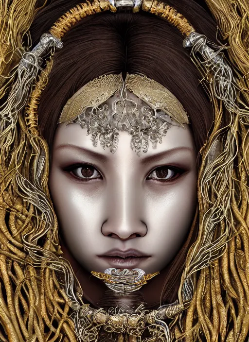Image similar to hyperrealism, detailed textures, photorealistic symetrical japanese medusa queen portrait, silverplate, intricate, detailed facial animal mask, golden jewelery, silverplate, ultra realistic, cinematic, intricate, cinematic light by steve mccurry, unreal engine 8 k