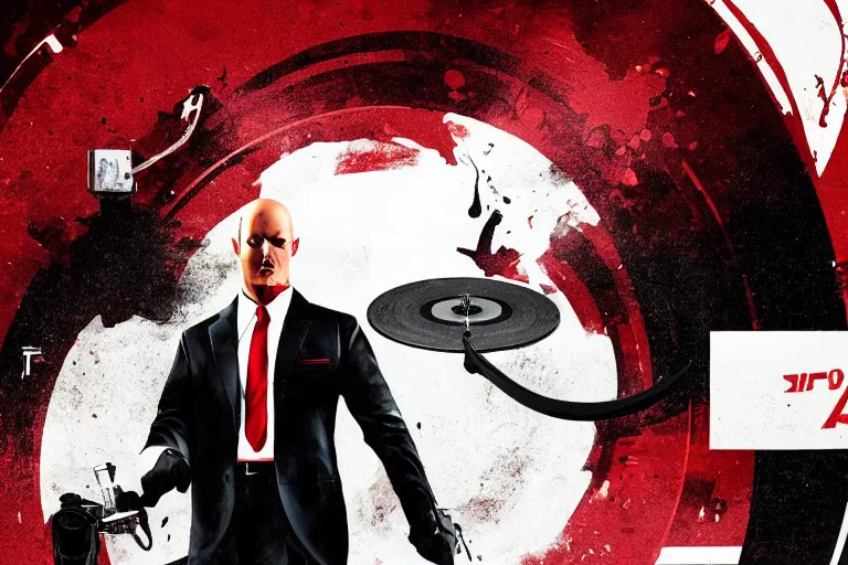 Image similar to an expressive portrait of agent 4 7 from hitman wearing headphones and putting a vinyl record onto a turntable, dark background, red rim light, digita, l