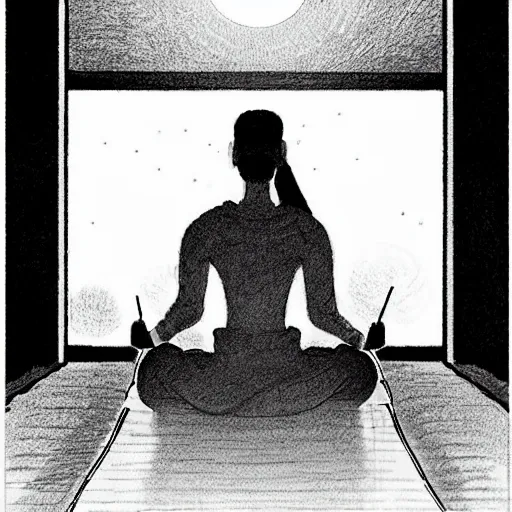 Image similar to of a takashi okazaki style pencil and ink manga drawing of scarlett johansson meditating in the middle of a dojo with dramatic moonlight coming in through the window.