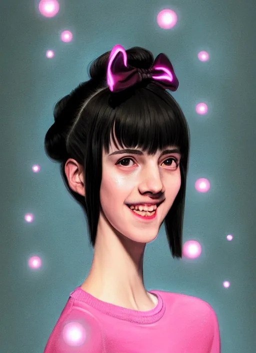 Image similar to portrait of high school girl, realistic, black hair, bangs, half updo hairstyle, pointy nose, skinny, smile, ugly, defined jawline, big chin, pink hair bow, earrings, intricate, elegant, glowing lights, highly detailed, digital painting, artstation, sharp focus, illustration, art by wlop, mars ravelo and greg rutkowski