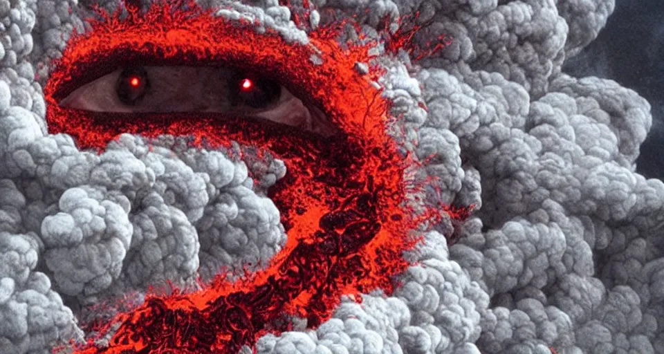 Image similar to a volcano made of ivory vines and crimson rocks enters in eruption, it spits a smoke in the shape of demonic eye, by Hideaki anno