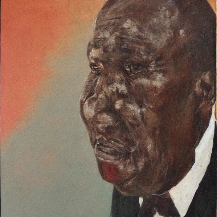 Image similar to a painting of a fatherly, aquiline nose, wide forehead, round face, XXL , loving, caring, generous, ever-present, humble, wise elder from Kenya with a friendly expression in a suit by Lynette Yiadom-Boakye . Fatherly/daddy, focused, loving, leader, relaxed,. ethereal lights, details, smooth, sharp focus, illustration, realistic, cinematic, artstation, award winning, rgb , unreal engine, octane render, cinematic light, macro, depth of field, blur, red light and clouds from the back, highly detailed epic cinematic concept art CG render made in Maya, Blender and Photoshop, octane render, excellent composition, dynamic dramatic cinematic lighting, aesthetic, very inspirational, arthouse.