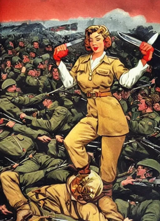 Image similar to beautiful female captain russia standing on a pile of defeated german soldiers. feminist captain russia wins wwii. soviet propaganda poster by james gurney