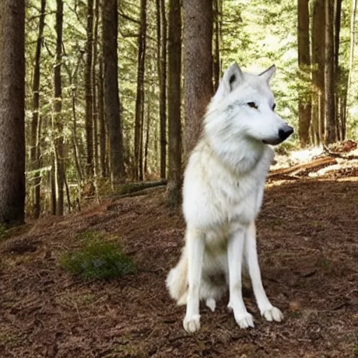 Image similar to adelaide kane standing next to a large white wolf in a forest