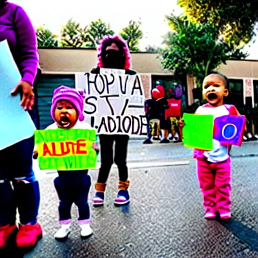 Image similar to babies protesting in front of a daycare center