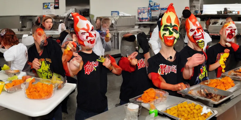 Image similar to cyclops Juggalo coneheads school food fight, detailed facial expressions