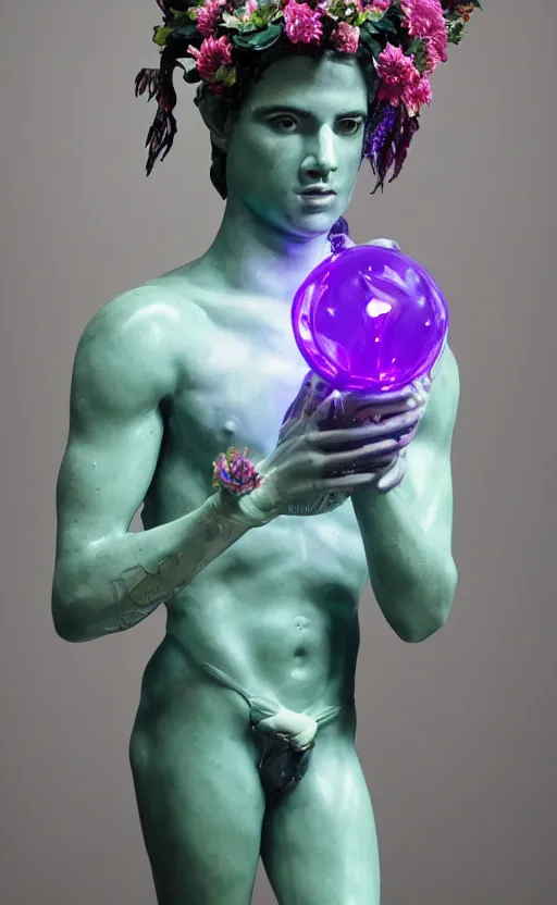 Image similar to a young handsome seductive latino ceramic sculpture of a prince with a head of a CRT monitor and a large glowing violet crystal in the center of his chest, full-body bronze cyberpunk style statue of Andromeda with glowing green laser eyes, crown of mechanical chrysanthemums, flowing aqua silk, fabric, steampunk flowers. baroque elements, human hands. full-length view. baroque element. intricate artwork by caravaggio. many flying horses on background. Trending on artstation, octane render, cinematic lighting from the right, hyper realism, octane render, 8k, depth of field, 3D