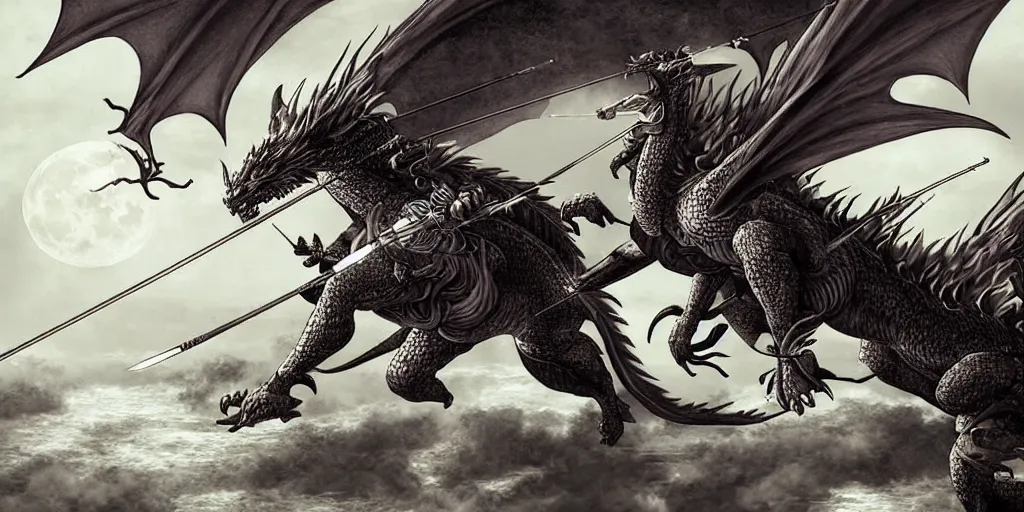 Prompt: korean archer shooting a dragon. the moon is in the sky. there is a river. dark fantasy. high resolution. detailed. digital art. kentaro miura.