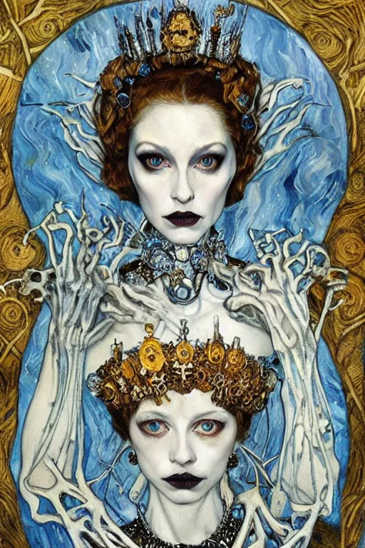 Prompt: The Queen of Bones by Karol Bak, Jean Deville, Gustav Klimt, and Vincent Van Gogh, portrait of a porcelain princess wearing a crown, beautiful porcelain doll face, pale blue eyes, mystic eye, otherworldly, crown made of bones, ornate jeweled crown, skulls, fractal structures, arcane, inscribed runes, infernal relics, ornate gilded medieval icon, third eye, spirals, rich deep moody colors