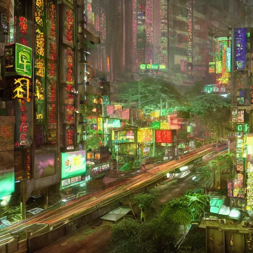 Image similar to Cyberpunk FantasyCore Kowloon walled city overgrown with lush vegetation, neon electronic signs, digital billboards rendered in Lumion Pro, Autodesk Solidowkrs Visualize, Maya, and Cinema 4D by Iwan Baan, Greg Rutkowski, Ted Gore, Dustin Lefevre, and Jaya Su Berg, trending on artstation, cgsocciety r/art