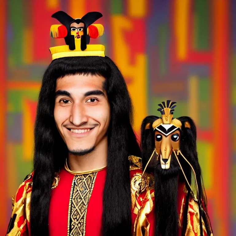 Prompt: A photo of Emperor Kuzco!!!!!!!!!!!!!!!! in his 16s, peruvian looking, with his long black hair, beardless, smiling with confidence, and wearing!!! his emperor clothes. Portrait by Terry Richardson. Golden hour. 8K. UHD. Bokeh.
