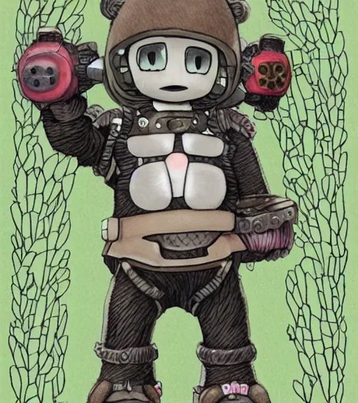 Prompt: beautiful little boy wearing an cyborg bear suit, artwork in kentaro miura and made in abyss and, inspired in super bomberman, smooth, beautiful lightness, anatomically correct, trending on pixiv, forest