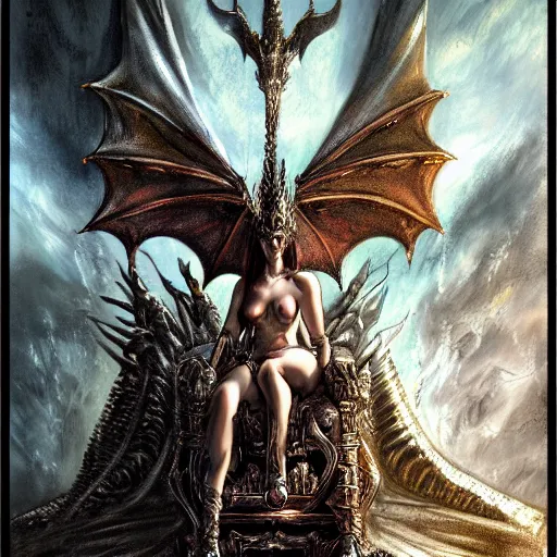 Image similar to dragon on the throne in the majestic throne room, great horns, armored, luminous scene, by luis royo, d & d character, highly detailed portrait, digital painting, artstation, concept art, smooth, sharp focus illustration, artstation hq