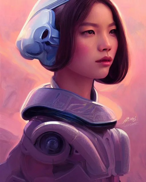 Image similar to portrait of Lalisa Manobal as futuristic airforce, inside future fighter, sci-fi, fantasy, intricate, very feminine, elegant, human anatomy, royal pink and blue light, highly detailed, digital painting, artstation, concept art, smooth, sharp focus, illustration, art by tian zi and WLOP and alphonse mucha