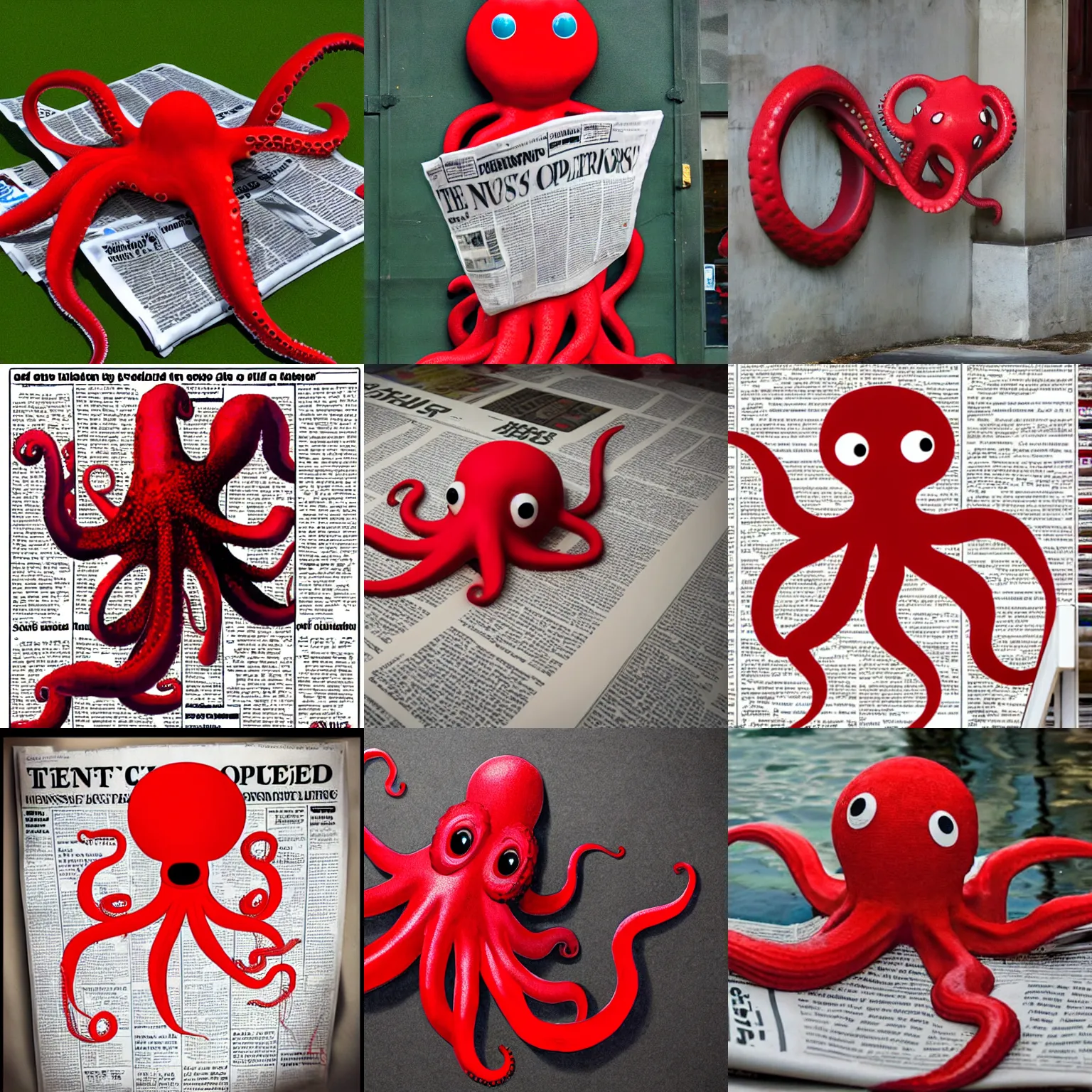 Prompt: red octopus floats through a portal. octopus reads newspaper