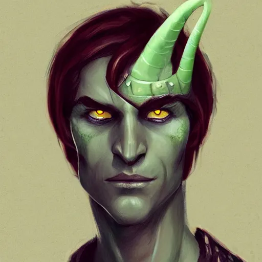 Prompt: dnd head and shoulders portrait, green - skinned, male tiefling, pirate, horned, blindfolded, greasy long black hair, scrawny, by charlie bowater, lise deharme, wlop, trending on artstation, dungeons and dragon, dnd, pathfinder, fanart, oil on canvas
