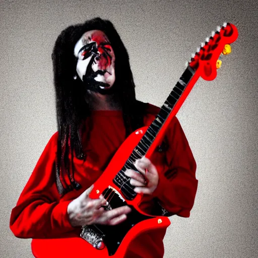 Prompt: 4k Photorealistic picture Of Black metalhead wearing Red shirt and playing guitar