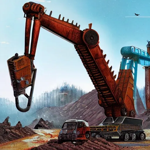 Image similar to giant scary quadrupedal mining machine with drill, four legs, highly detailed body, retro, industrial, in the style of simon stalenhag