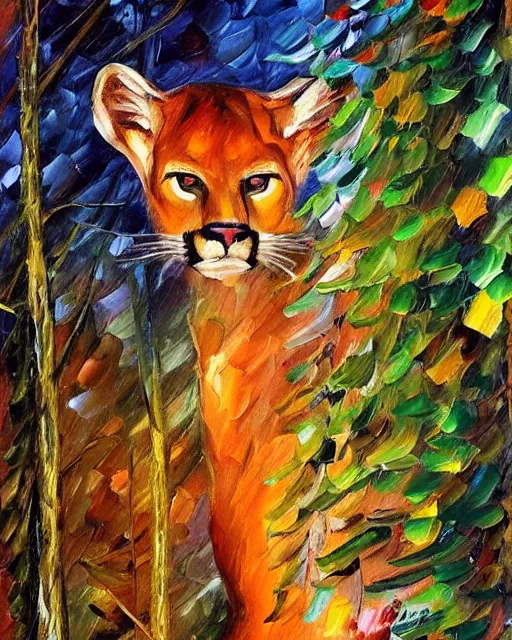 Image similar to cougar in forest at night, shot from drone, grainy, artwork by leonid afremov