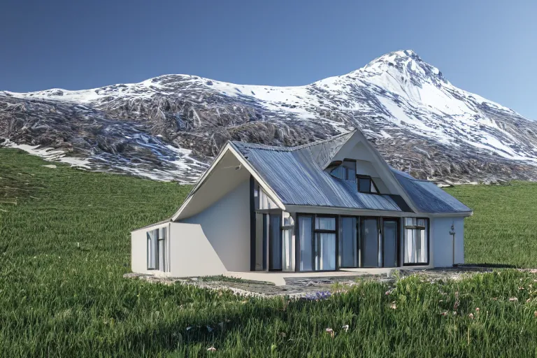 Prompt: modern fachwerk house cottage settlement with Elbrus mountain on the background, architecture, 3d render 8k , high details