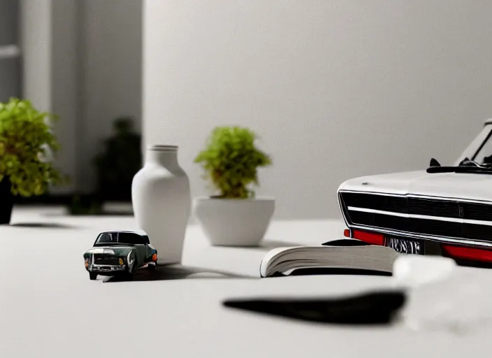 Prompt: a small miniature of a Ford Cortina 1980 on a white table near a book and a vase with a plant, 3d render, octane render, unreal engine 5, path tracing, serene landscape, calm, relaxing, beautiful landscape, highly detailed, high quality, 4k, symmetrical, low contrast