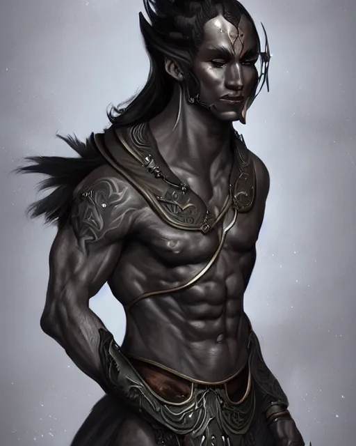 Prompt: portrait of a handsome male dark elf, obsidian skin, fantasy, feminine, elegant, intricate, highly detailed, digital painting, artstation, concept art, sharp focus, illustration